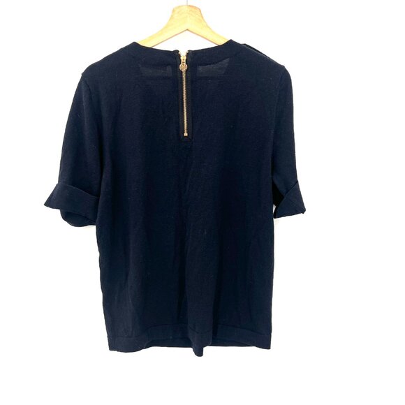 Tory Burch dark navy blue 100% merino wool sweater blouse half sleeve gold top L - Picture 12 of 13